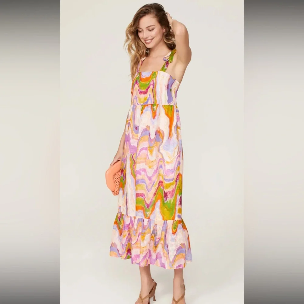 Marie Oliver Multicolor Pink Green Orange Wave-Print Maxi Dress - Picture 1 of 5